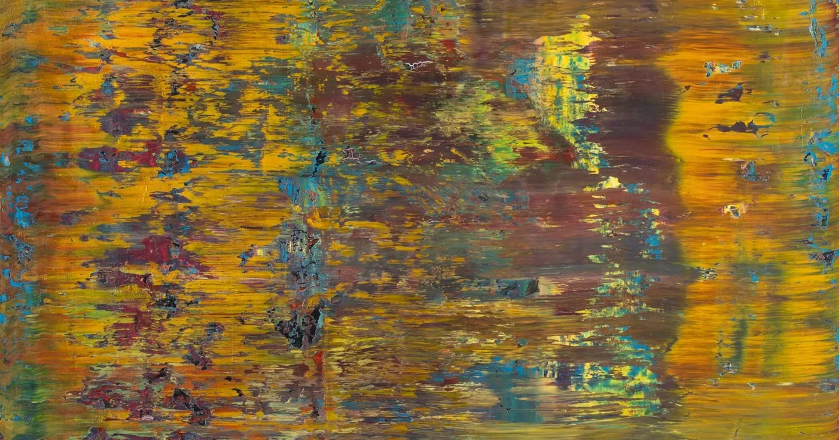 Abstract painting with horizontal strokes of yellow, blue, red, and brown, creating a textured and layered effect. The colors blend and overlap, giving a sense of movement and depth throughout the composition.
