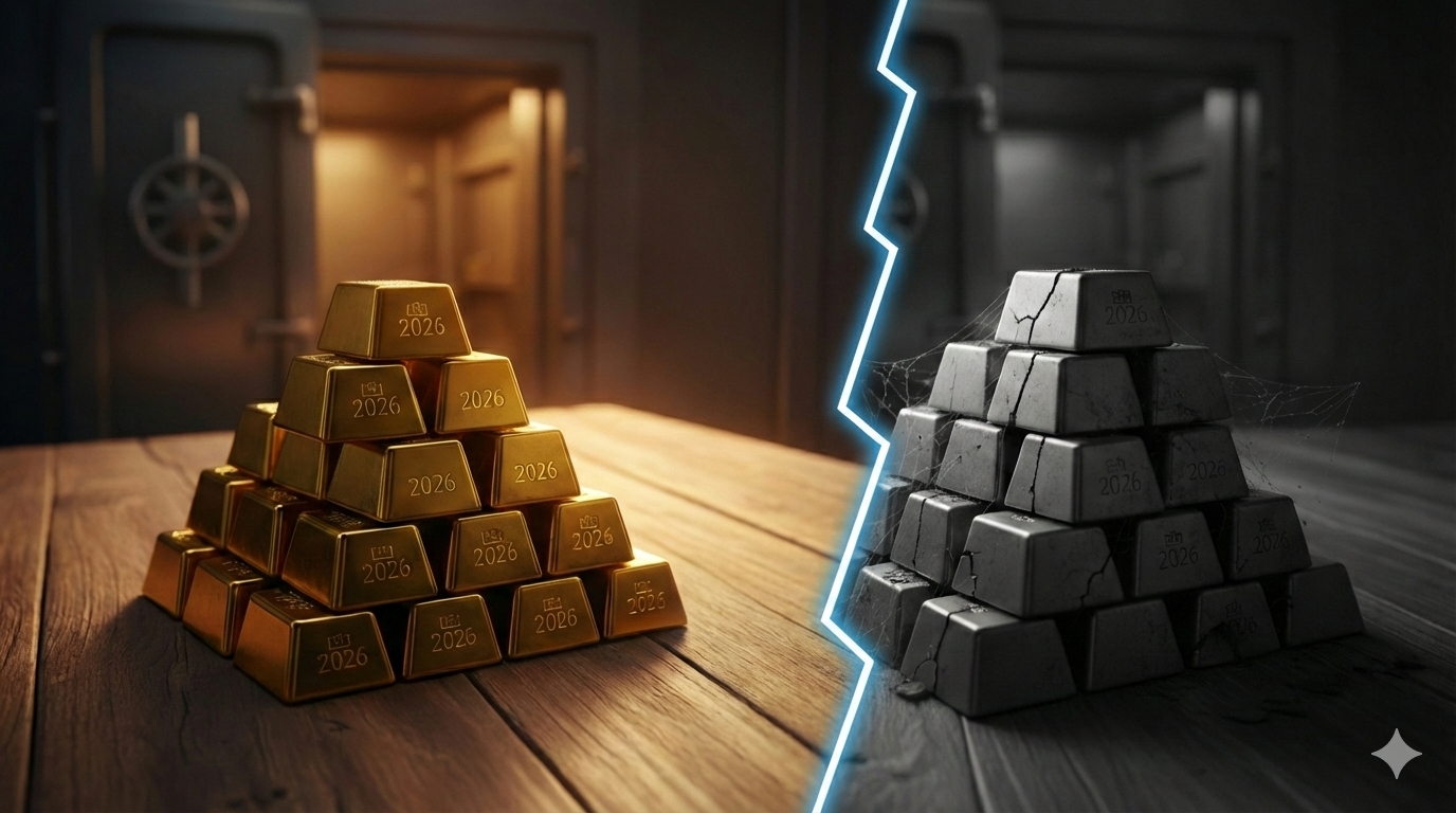 Una pila di lingotti d'oro lucenti si trova su un tavolo di legno in una stanza ben illuminata, mentre una pila di lingotti grigi crepati e polverosi appare sulla destra in una stanza buia e piena di ragnatele, divisa da una linea frastagliata luminosa.