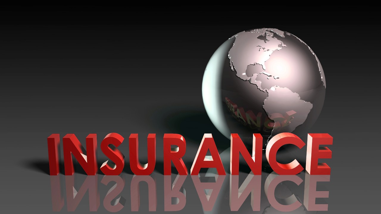 The word "INSURANCE" in bold red 3D letters stands in front of a shiny globe showing North and South America, against a dark gradient background with reflections on the surface.