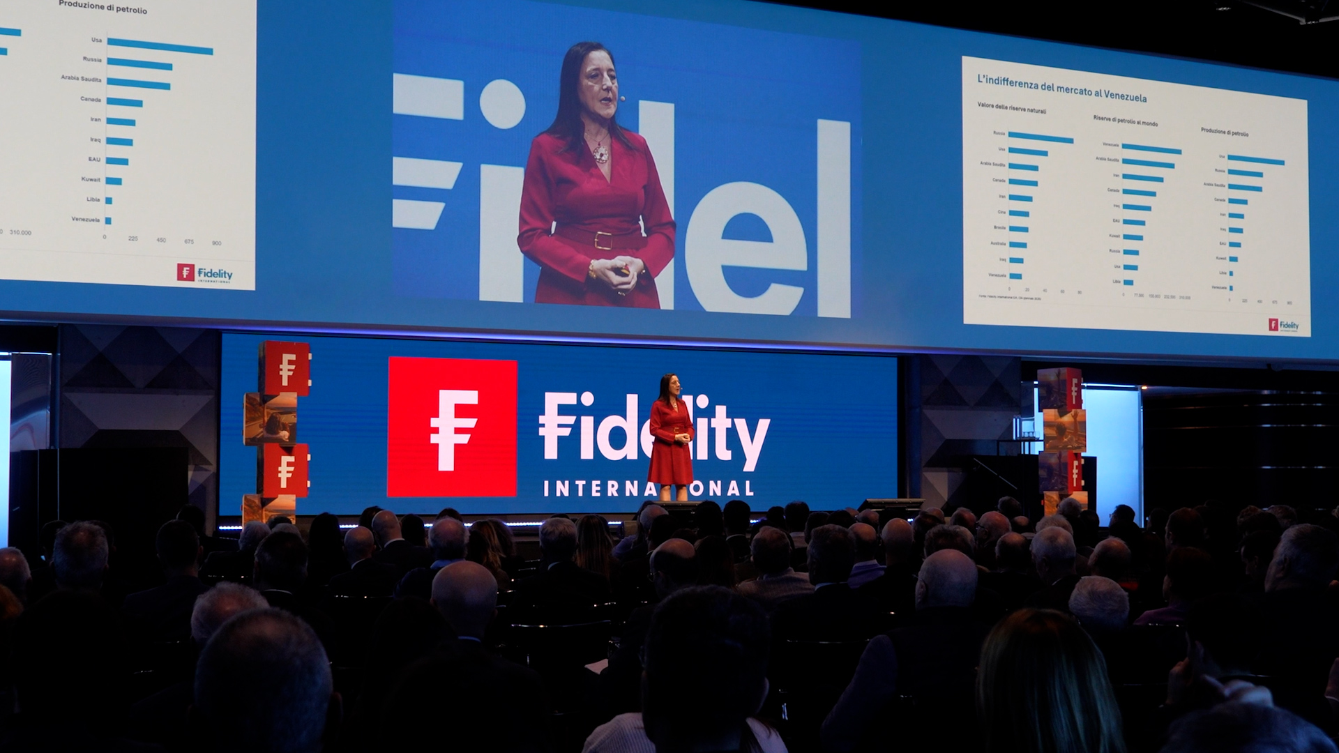 Una donna in abito rosso parla sul palco di un evento di Fidelity International, presentando al pubblico di una grande sala conferenze delle diapositive con grafici sulle strategie dei mercati 2026 e del portafoglio.