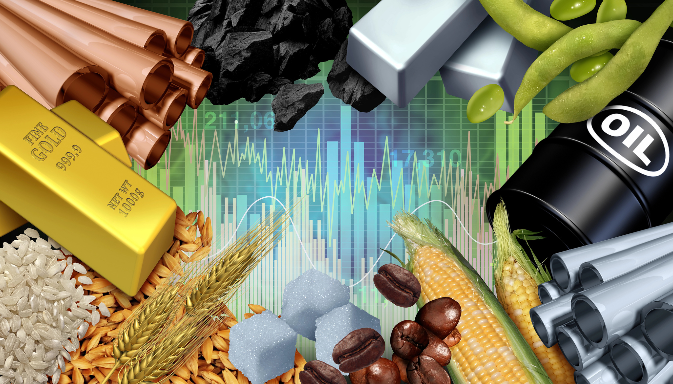 Esempi di Hard e Soft Commodities: lingotti d'oro, barile di petrolio, rame e prodotti agricoli su grafici di mercato.
