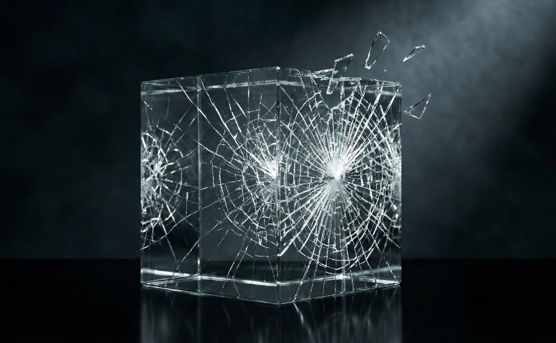 Cubo di vetro trasparente che si frantuma dall'interno su sfondo scuro, metafora del repricing del settore software e della crisi dell'intelligenza artificiale a Wall Street 2026.