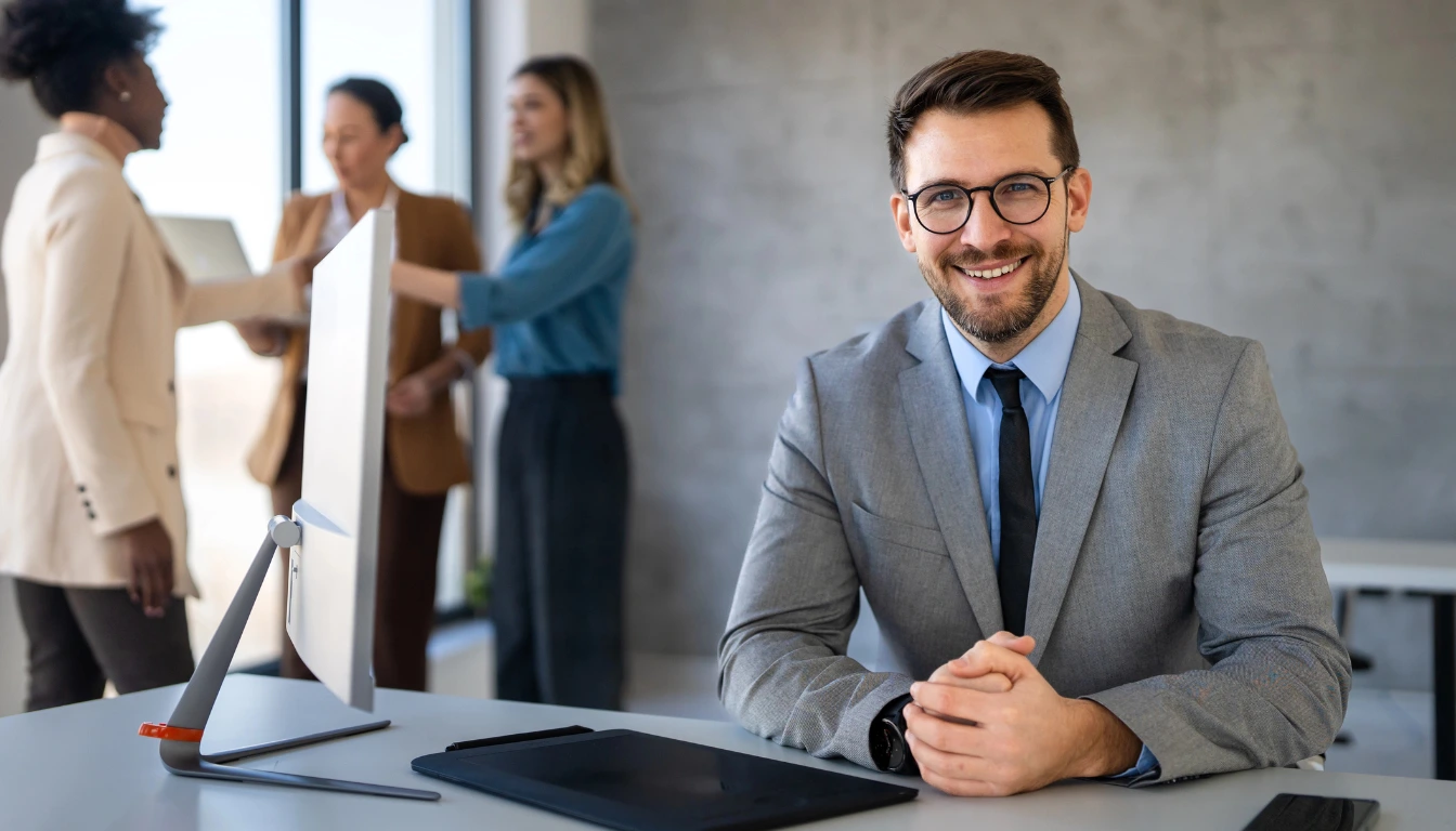 Un uomo in abito grigio e occhiali siede sorridente a una scrivania con un computer e un tablet, mentre tre persone stanno in piedi e parlano sullo sfondo di un ufficio moderno.