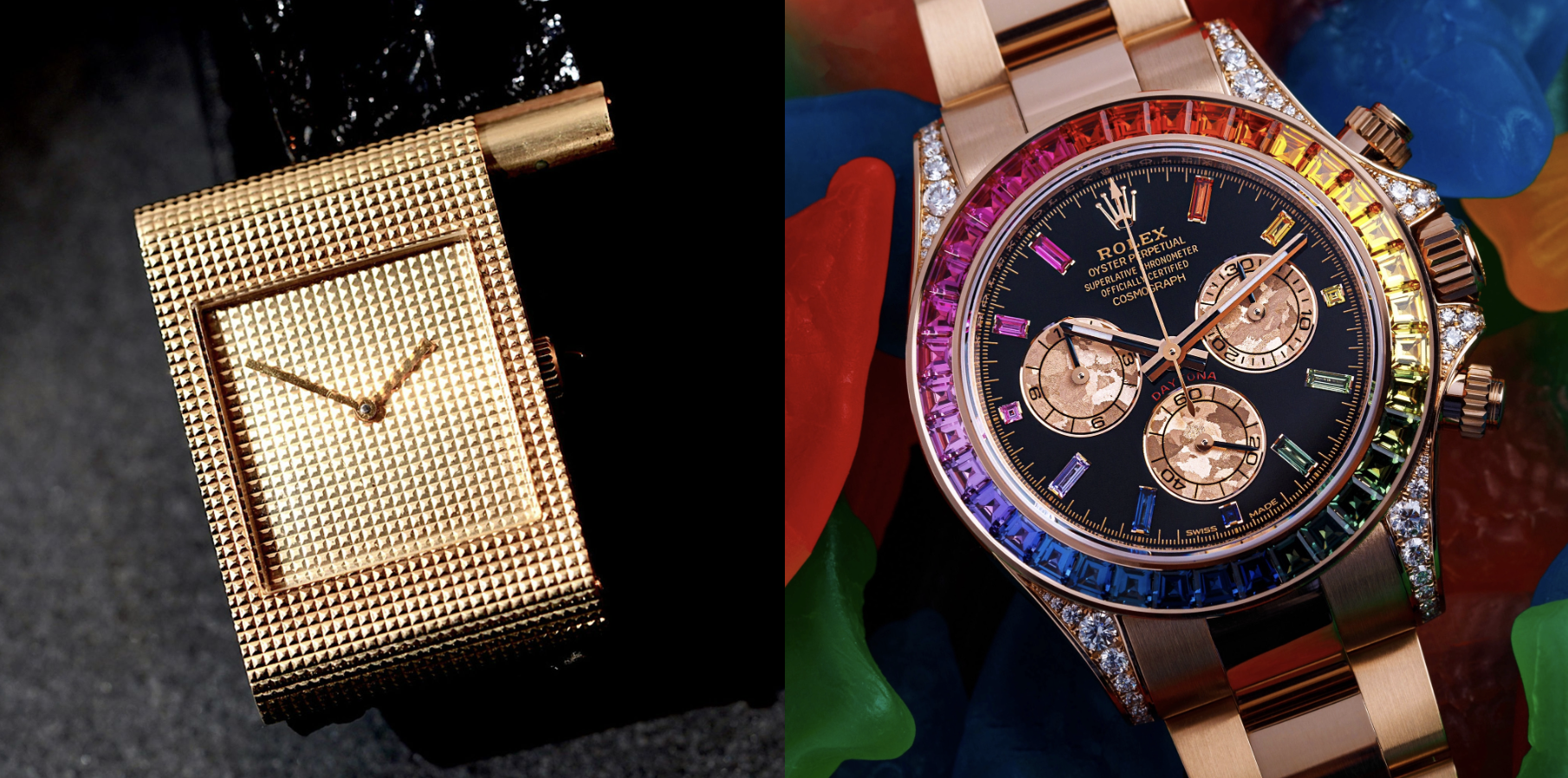 Un'immagine divisa che mostra due orologi di lusso: a sinistra, un orologio d'oro quadrato con un motivo strutturato; a destra, un Rolex d'oro con quadrante nero, lunetta color arcobaleno e accenti di diamanti, appoggiato su oggetti colorati.