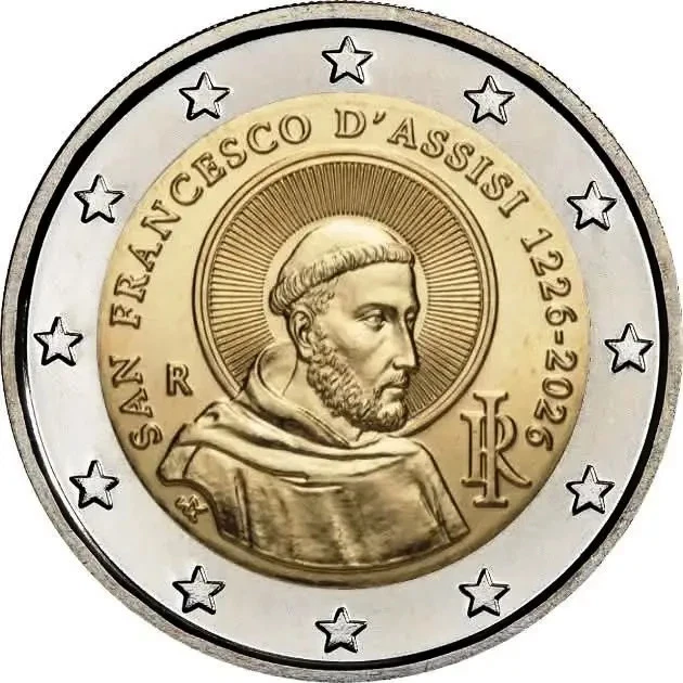 Moneta commemorativa con ritratto di San Francesco d'Assisi, stelle e iscrizioni.