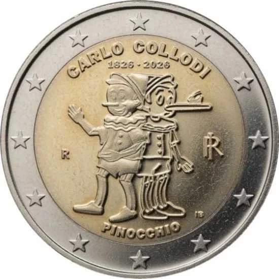 Moneta commemorativa con Pinocchio e Carlo Collodi, stelle e iscrizioni.
