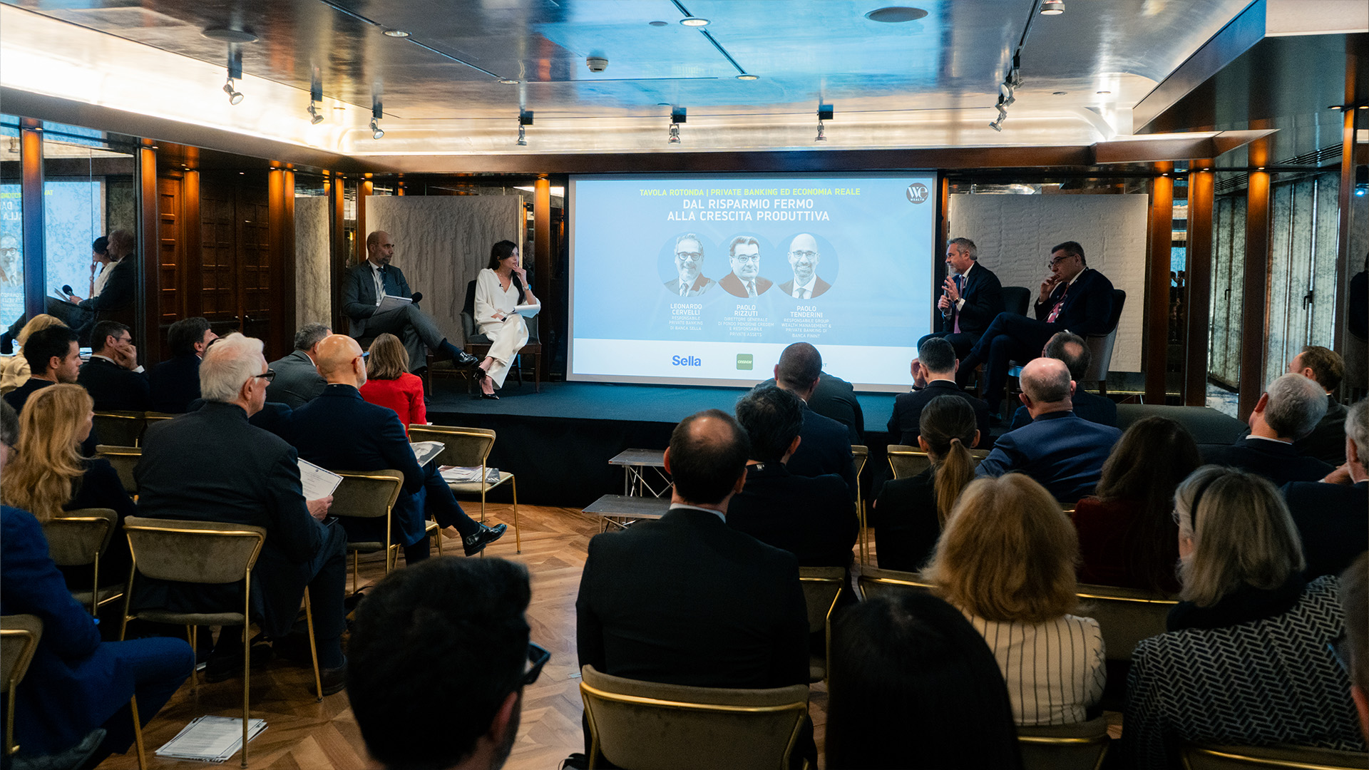 Leonardo Cervelli, Responsabile Private Banking di Banca Sella; Paolo Rizzuti, Direttore Generale di Fondo Pensione Credem e Responsabile Private Asset; Paolo Tenderini, Responsabile Divisione Group Wealth Management & Private Banking di Banca Finint al 5° forum private market di We Wealth