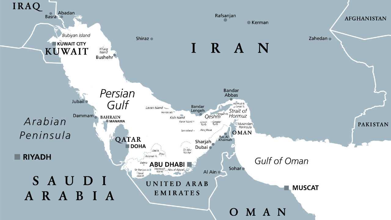 Mappa in bianco e nero dello Stretto di Hormuz tra Iran, Emirati Arabi Uniti e Oman