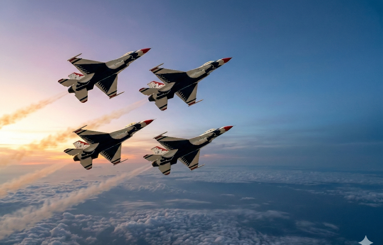 Formazione di quattro jet militari di nuova generazione in volo sopra le nuvole al tramonto; metafora della selettività finanziaria e della precisione del backlog nel settore difesa 2026.