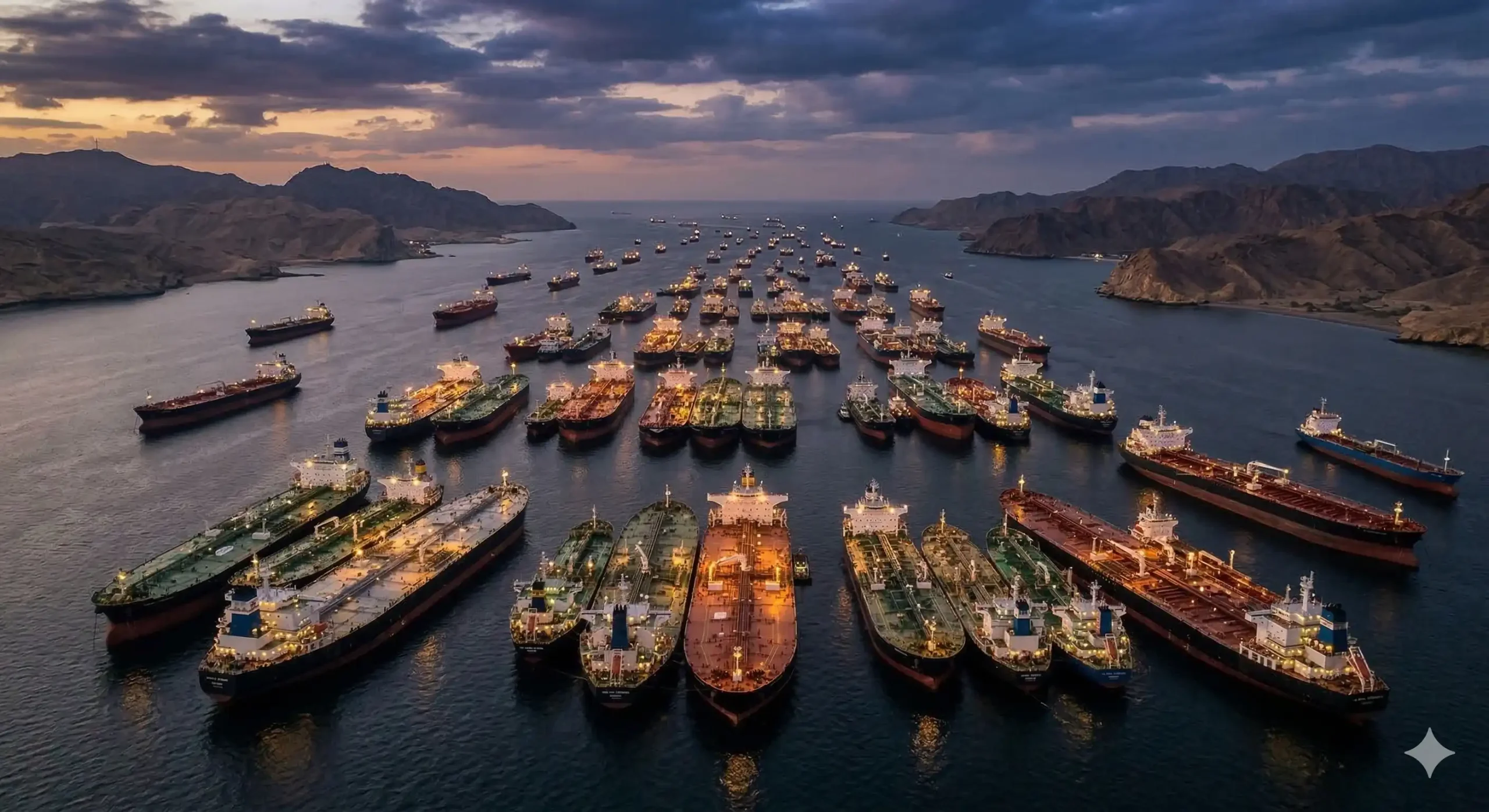 Vista aerea di centinaia di petroliere e navi cisterna ammassate e ferme in un collo di bottiglia marittimo allo Stretto di Hormuz, simbolo del blocco dei flussi energetici mondiali.