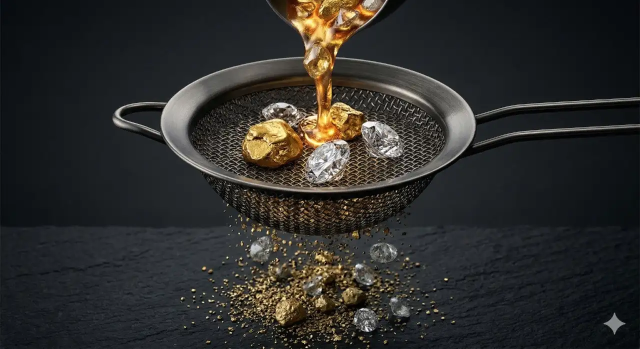 Una fotografia concettuale in stile luxury: un setaccio metallico sospeso filtra oro liquido e diamanti. Le gemme più grandi e le pepite restano nel filtro, mentre frammenti più piccoli cadono su una base di ardesia scura. Sfondo minimale nero, illuminazione drammatica che esalta la brillantezza dei metalli preziosi.