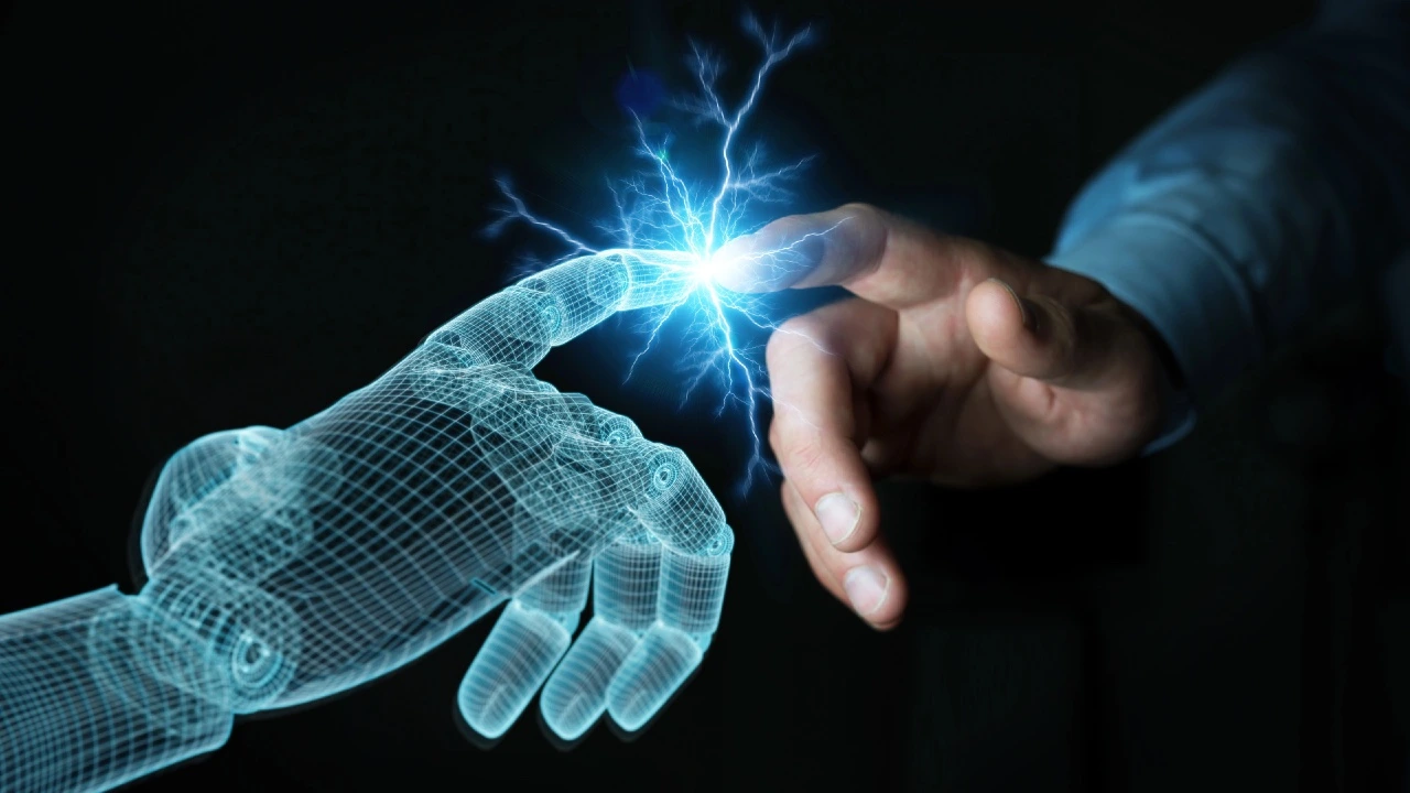 Mano umana e mano virtuale si incontrano, metafora dell’integrazione tra giudizio umano e intelligenza artificiale nel wealth management.