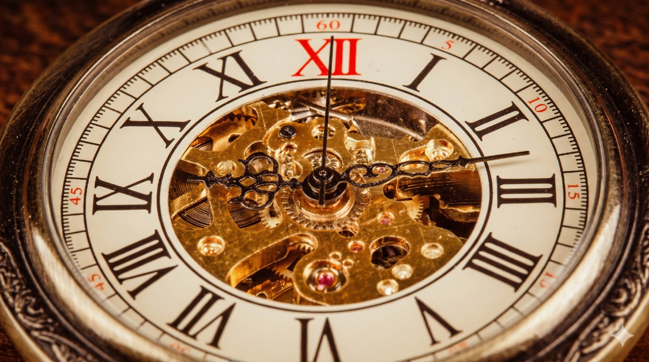 Primo piano di un orologio d'oro con meccanismo a vista e numero dodici rosso, simbolo del market timing e della precisione nell'asset allocation per investitori istituzionali.