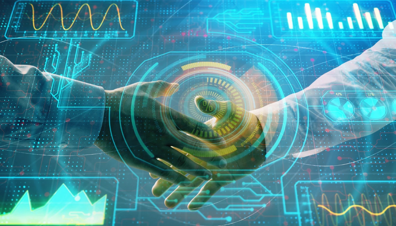 Rappresentazione concettuale di una stretta di mano tra originator e investitore in un'operazione di cartolarizzazione dei crediti con grafici digitali.