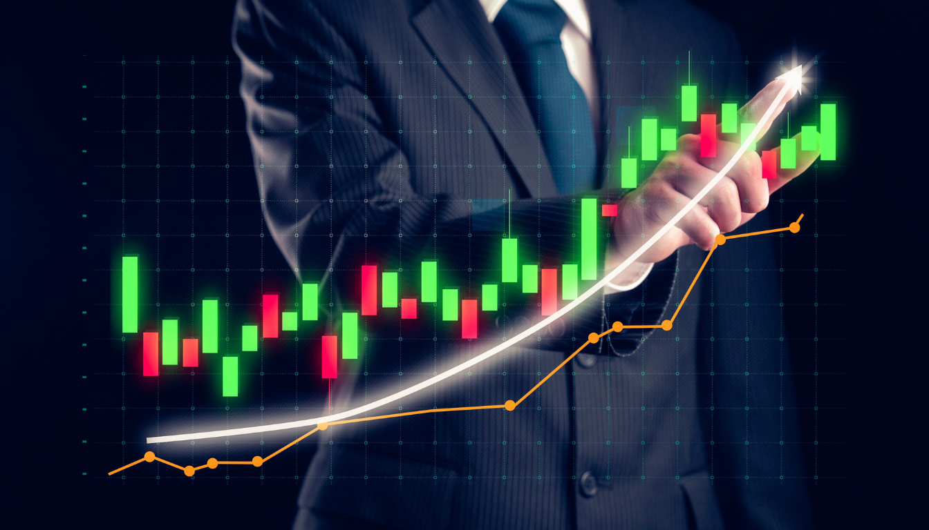 Scalping trading con grafico a candele in crescita e trader che analizza i mercati finanziari