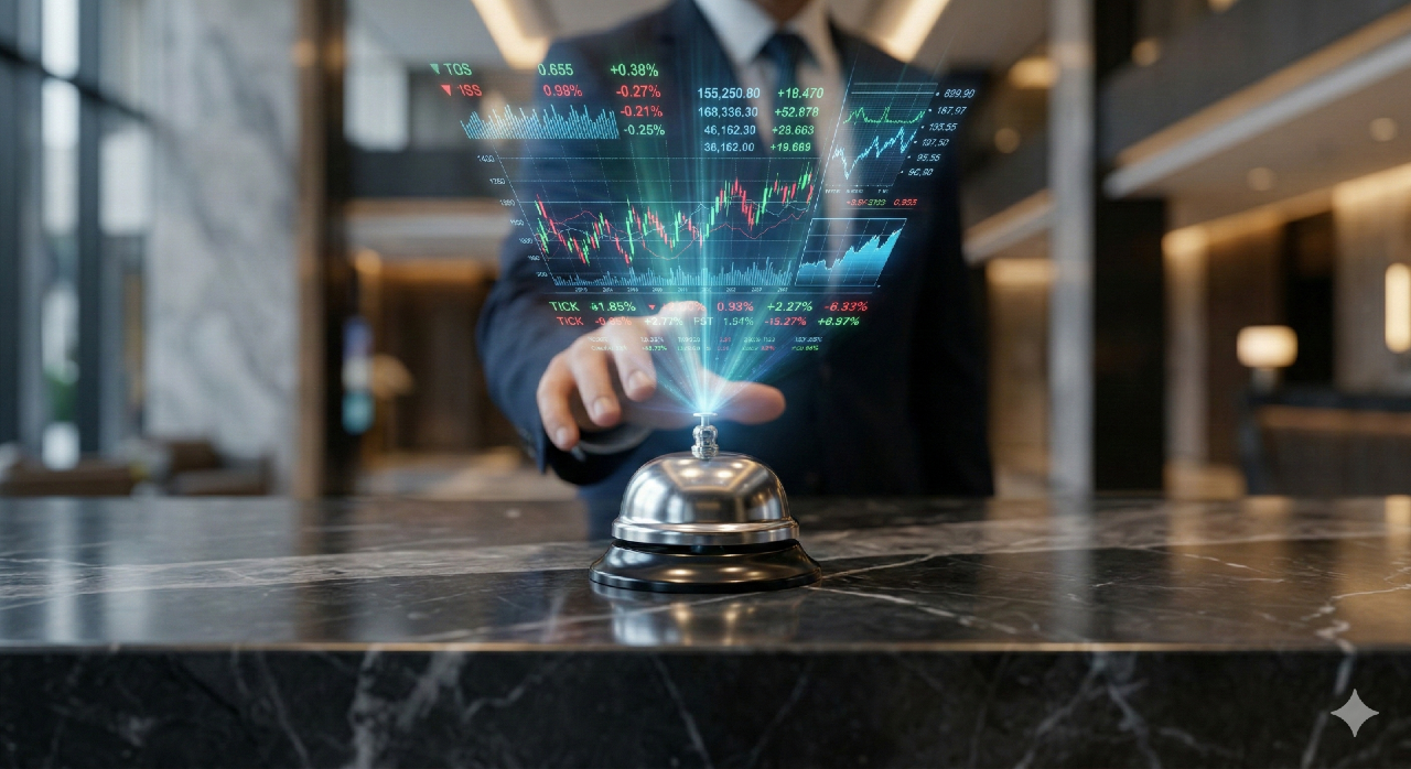 Campana da concierge di lusso su bancone in marmo nero che proietta un ologramma di grafici finanziari complessi, ticker di borsa e indicatori di performance in tempo reale. Concetto visivo dell'istituzionalizzazione del Wealth Management UHNW.