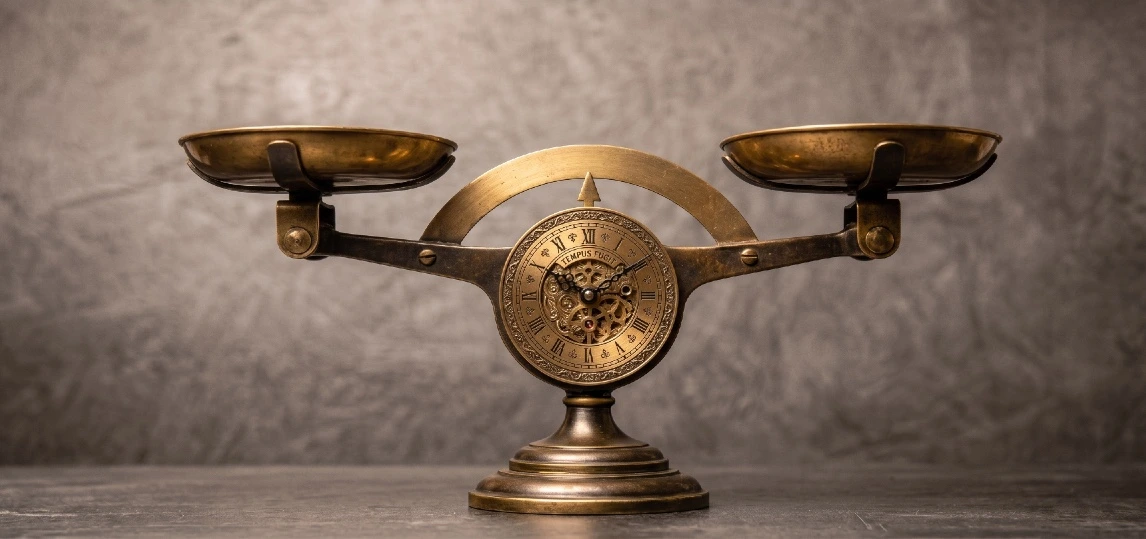 Una bilancia-orologio in miniatura di bronzo antico e ottone posizionata su una vasta lastra di pietra scura, evidenziando la sua scala minuta contro l'immensa oscurità, simboleggiando la precisione e il tempo.