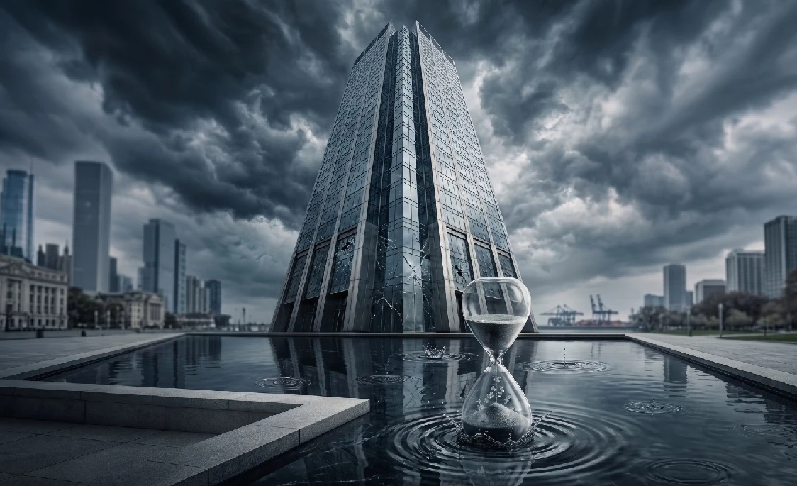 Concetto visivo di liquidità nel private credit: un grattacielo finanziario riflesso in una vasca d'acqua con una clessidra che crea increspature, a simboleggiare il fattore tempo e il rischio di mercato.