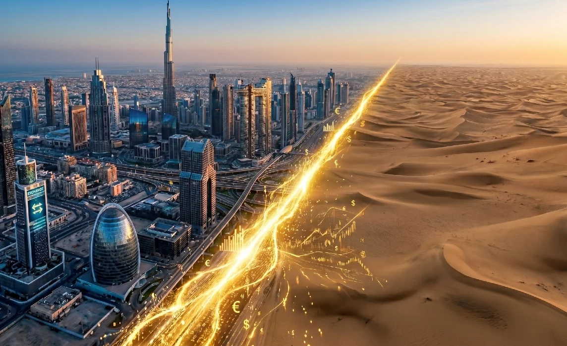 Veduta aerea realistica di Dubai divisa da una diagonale di flussi finanziari dorati che separa la città moderna dal deserto incontaminato, simboleggiando l'uscita degli Emirati dall'OPEC.