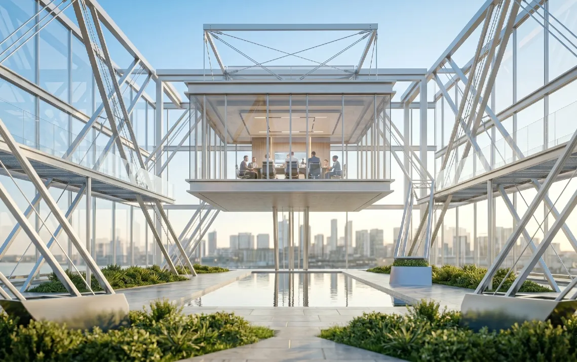 Architettura in vetro e acciaio simmetrica con sala riunioni sospesa su una piscina riflettente e skyline urbano, metafora della governance trasparente e della protezione del patrimonio.