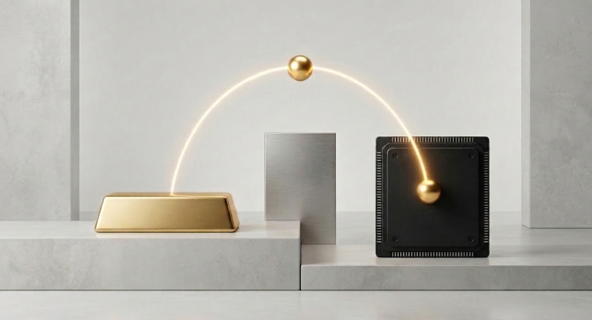 Lingotto d’oro e chip nero collegati da una traiettoria luminosa: immagine simbolica del passaggio diretto del capitale dei family office verso i deal nell’Ai.