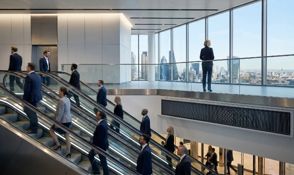 Visual del Gender Balance Index 2026: una professionista osserva il distretto finanziario dal vertice di un grattacielo, rappresentando il 19% dei ruoli apicali contro una base di senior management maschile in ascesa.