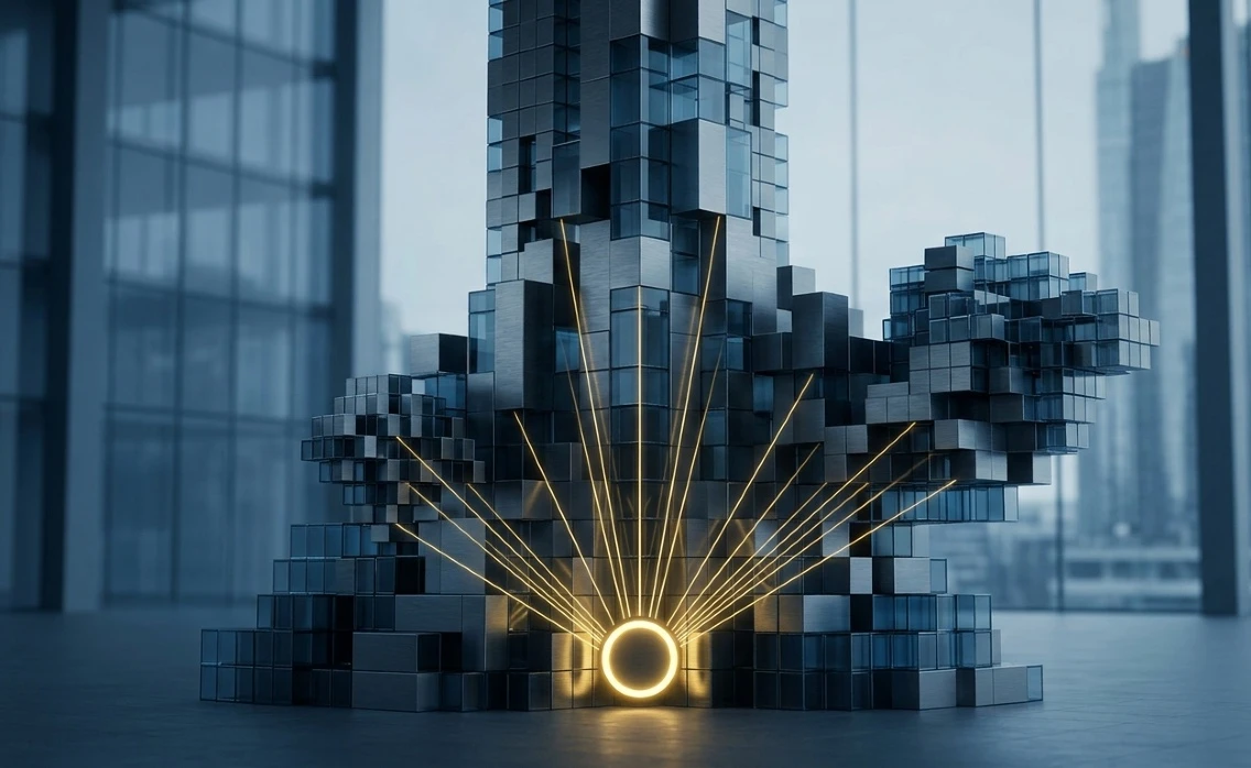 Scultura digitale astratta di un grattacielo composto da cubi metallici scuri e vetrati, trafitta alla base da un cerchio luminoso dorato che emana raggi di luce verso l'alto, simboleggiando l'innovazione e l'indipendenza professionale in un contesto di ufficio di lusso moderno.