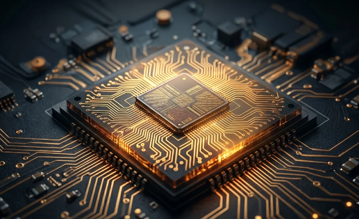 Primo piano macro di un microchip avanzato con circuiti dorati luminescenti su una scheda madre scura, simbolo del cuore tecnologico del bull market asiatico 2026
