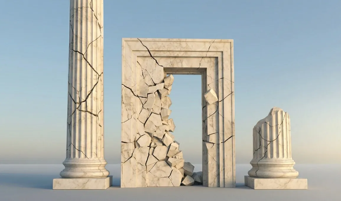 Rappresentazione concettuale di monumentali strutture architettoniche in marmo che si incrinano e si sgretolano, simboleggiando la crisi dei modelli bancari tradizionali e l'ascesa dell'indipendenza finanziaria.