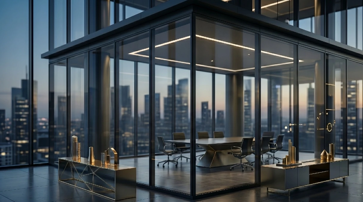 Sala riunioni di un ufficio di lusso con pareti in vetro che si affacciano su uno skyline metropolitano al tramonto; l'ambiente è vuoto e minimalista, a simboleggiare l'automazione e l'infrastruttura tecnologica nel wealth management.