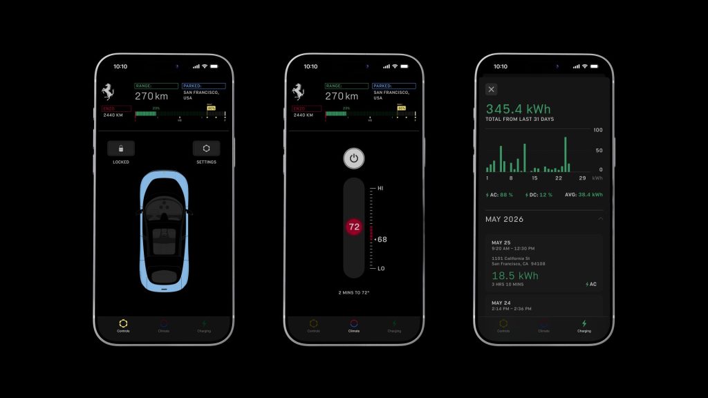 Tre schermi di smartphone mostrano un'app per auto elettrica con controlli, clima e ricarica.