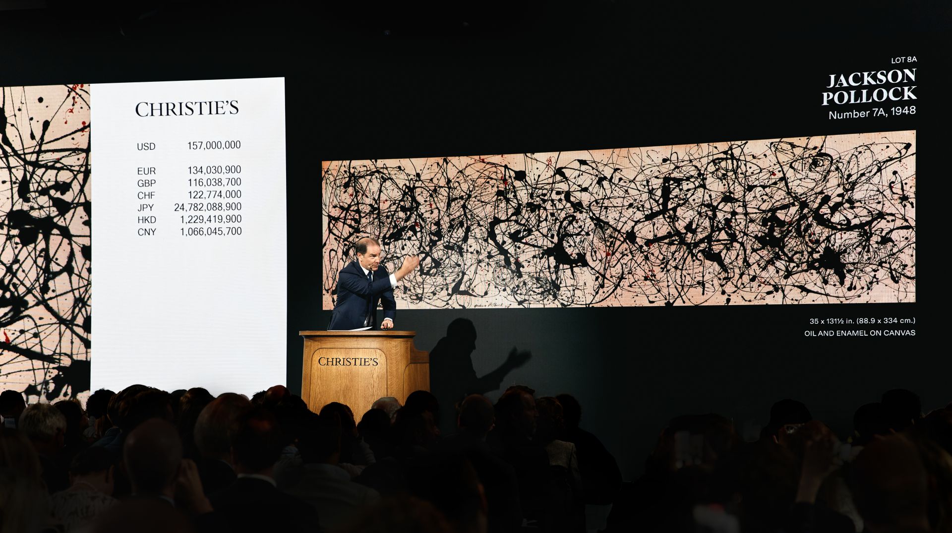 Asta Christie's: banditore presenta un dipinto di Jackson Pollock con quotazioni in diverse valute. Folla in penombra.