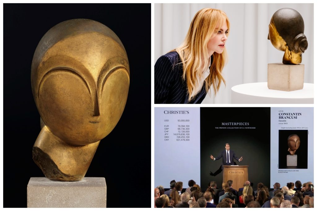 Trittico con scultura dorata, Nicole Kidman che la osserva, e asta di Christie's con pubblico.