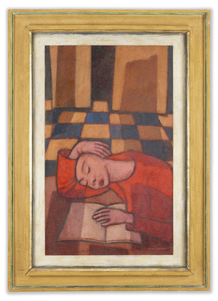 Dipinto con cornice dorata: figura addormentata in rosso su libro aperto, sfondo a scacchi marroni e blu.
