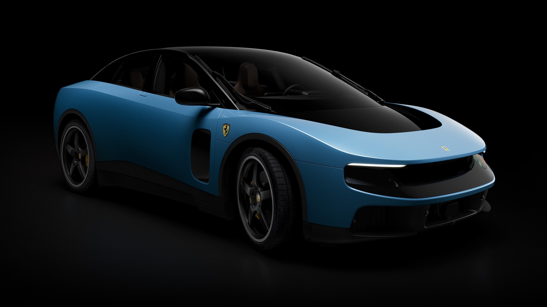 Auto sportiva azzurra con tetto nero lucido su sfondo nero, interni marroni visibili. Logo Ferrari sul lato.