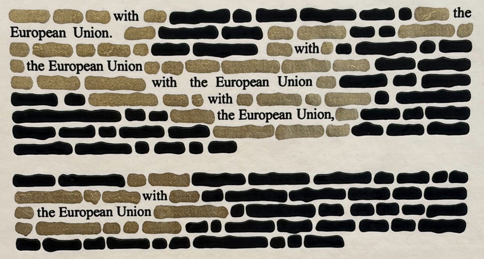 Testo con frasi "with the European Union" in oro e rettangoli neri, su sfondo bianco sporco.