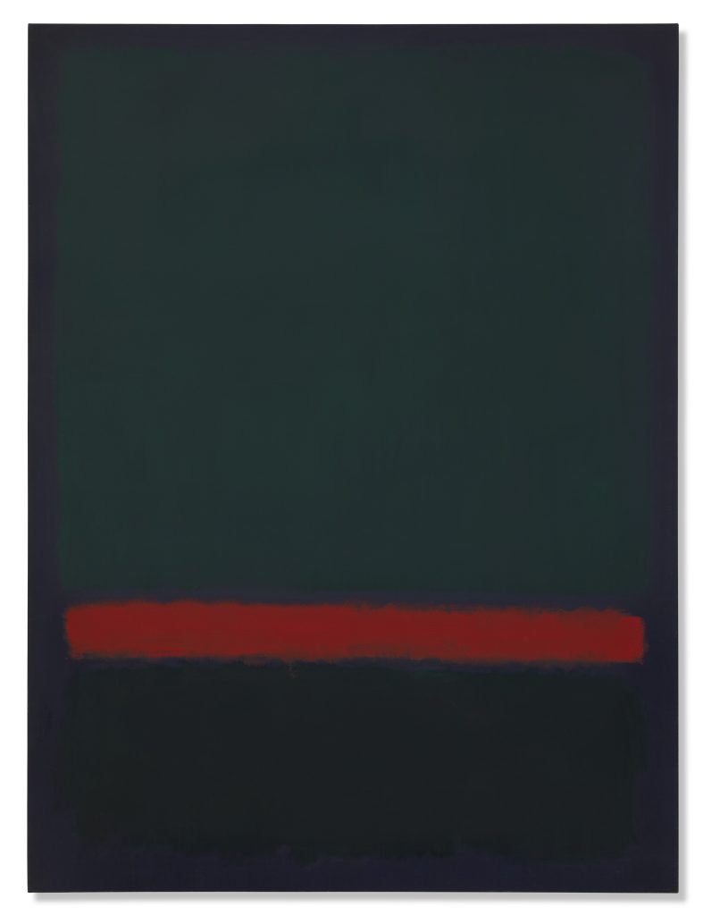 Dipinto astratto con rettangolo verde scuro sopra uno rosso, su sfondo blu scuro.