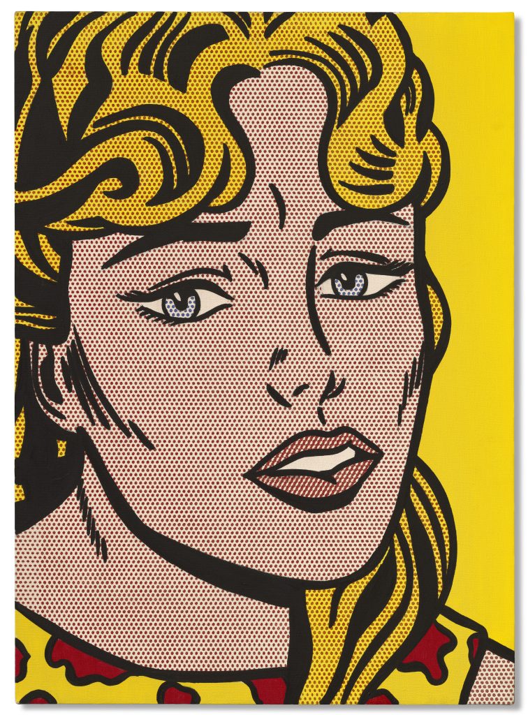 Ritratto pop art di donna bionda con espressione preoccupata, sfondo giallo e puntini rossi sulla pelle.