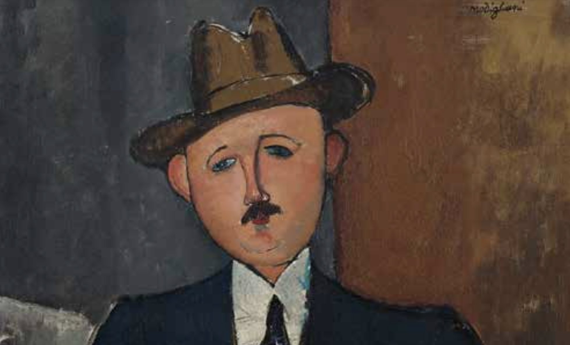 Ritratto dipinto di uomo con cappello marrone, baffi e abito scuro con cravatta.