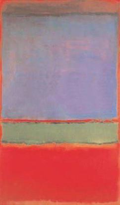 Pittura astratta con blocchi di colore rettangolari: blu-viola in alto, verde al centro e rosso in basso.