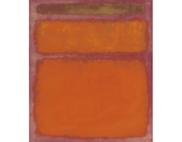 Pittura astratta con tre rettangoli orizzontali: marrone-verde, arancione e arancione più scuro, su sfondo viola.