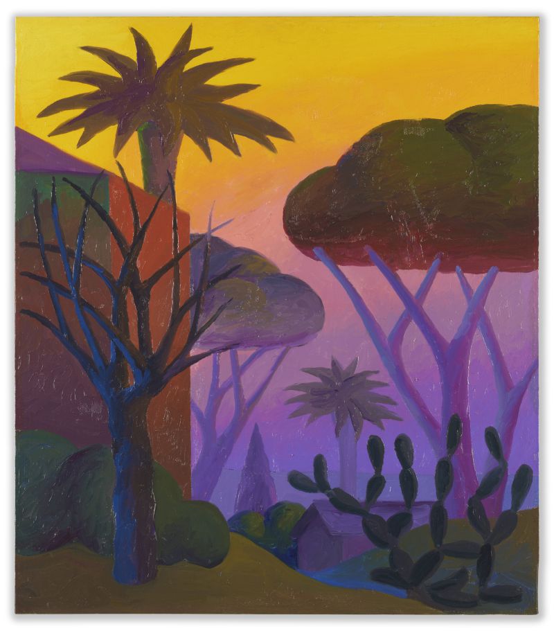 Dipinto con alberi, palme, cactus e una casa, in un paesaggio dai colori vivaci e surreali.