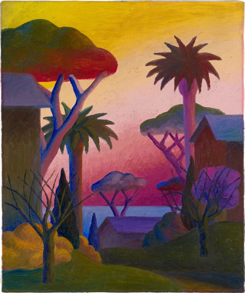 Dipinto a olio di un paesaggio con case, alberi e mare al tramonto dai colori vivaci.