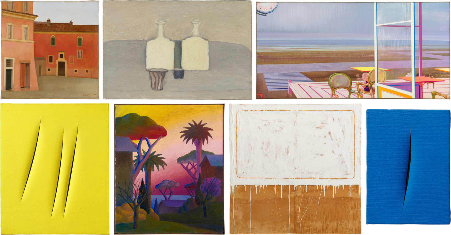 Otto dipinti diversi: paesaggi, nature morte e opere astratte con tagli su tela colorata.