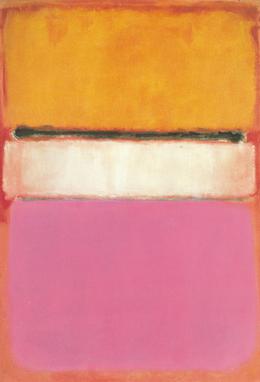 Pittura astratta con tre rettangoli orizzontali: giallo ocra in alto, bianco al centro, rosa acceso in basso.