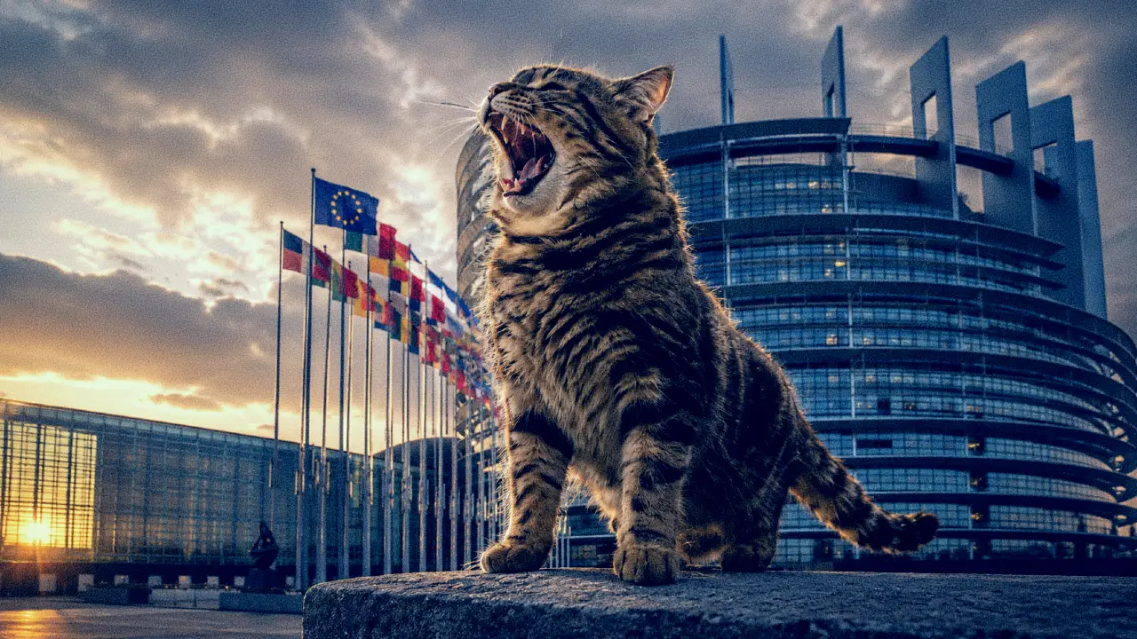 Gatto tigrato che sbadiglia davanti al Parlamento Europeo e bandiere al tramonto. Edificio moderno sullo sfondo.