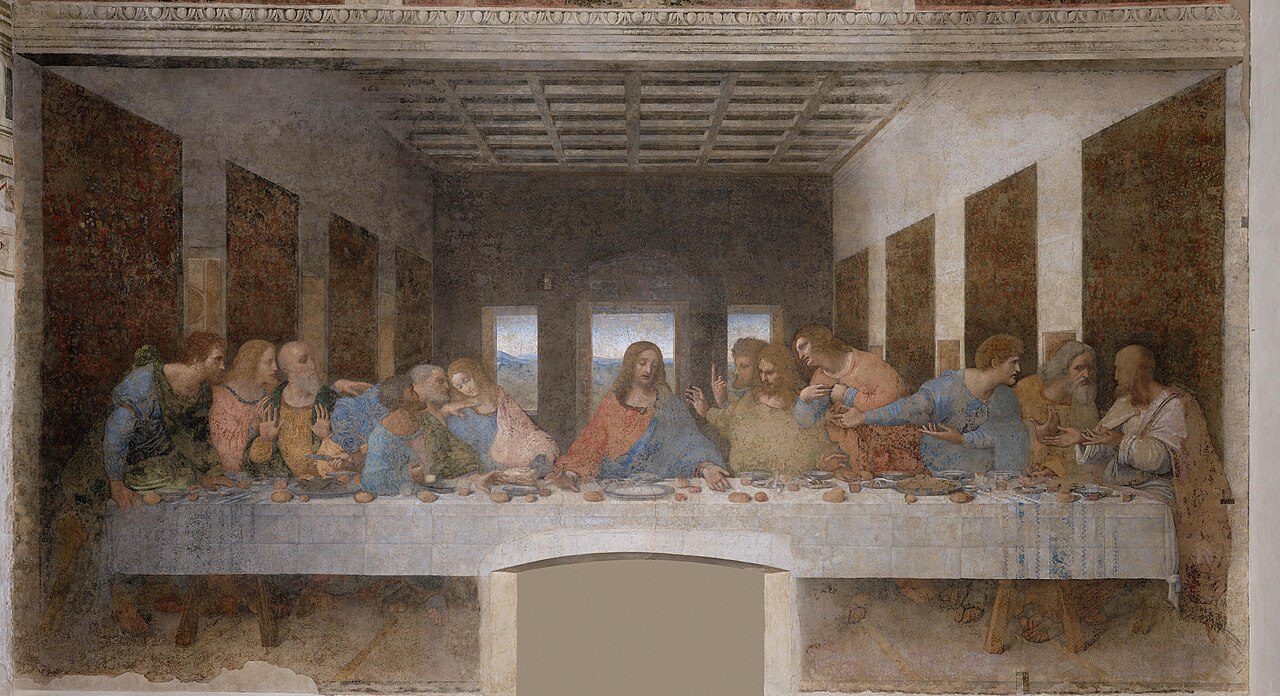 Gesù e i dodici apostoli seduti a tavola, in un affresco rinascimentale.