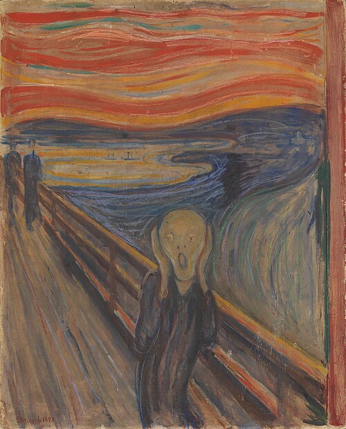 Figura urlante su un ponte con cielo rosso e due figure sullo sfondo.
