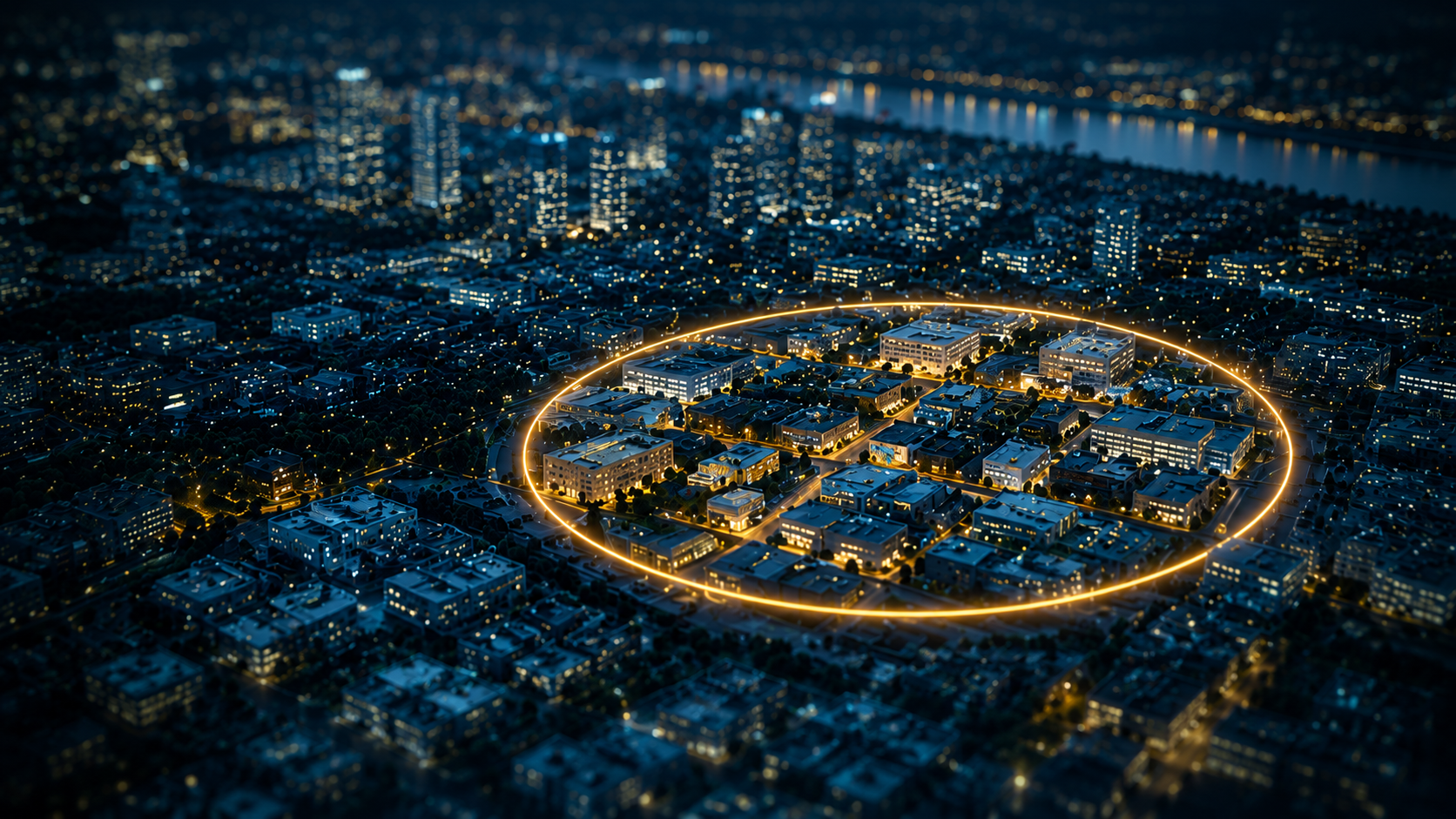 Città notturna con edifici illuminati e un cerchio luminoso che evidenzia un'area specifica.