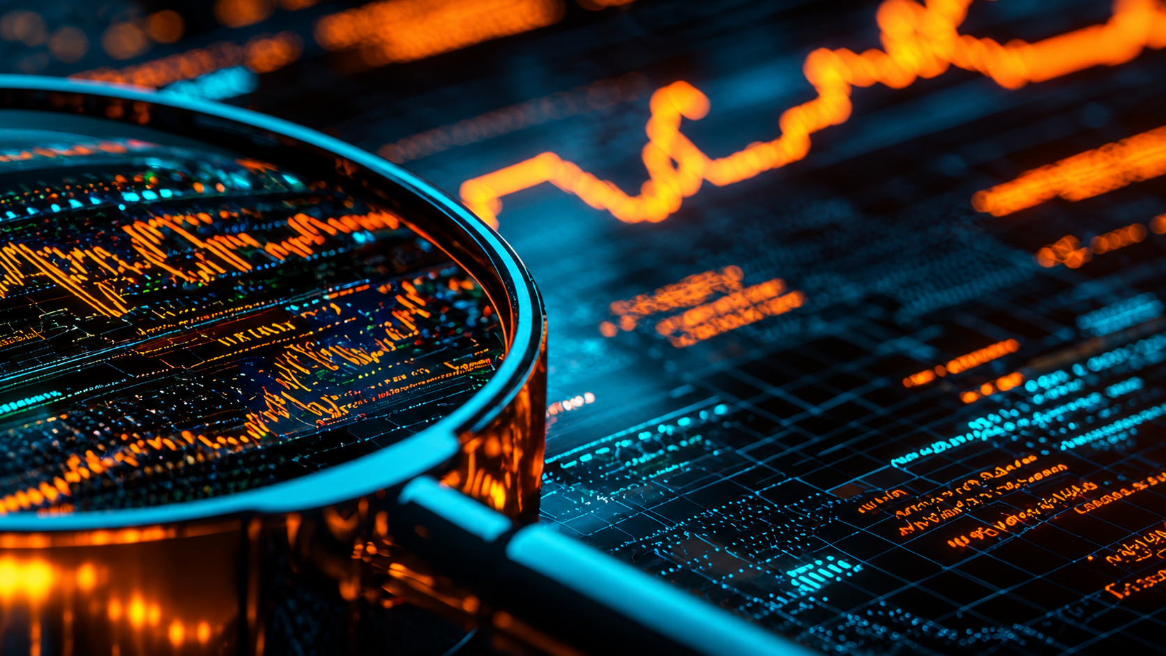 Lente d'ingrandimento su grafici finanziari digitali arancioni e blu su sfondo scuro.